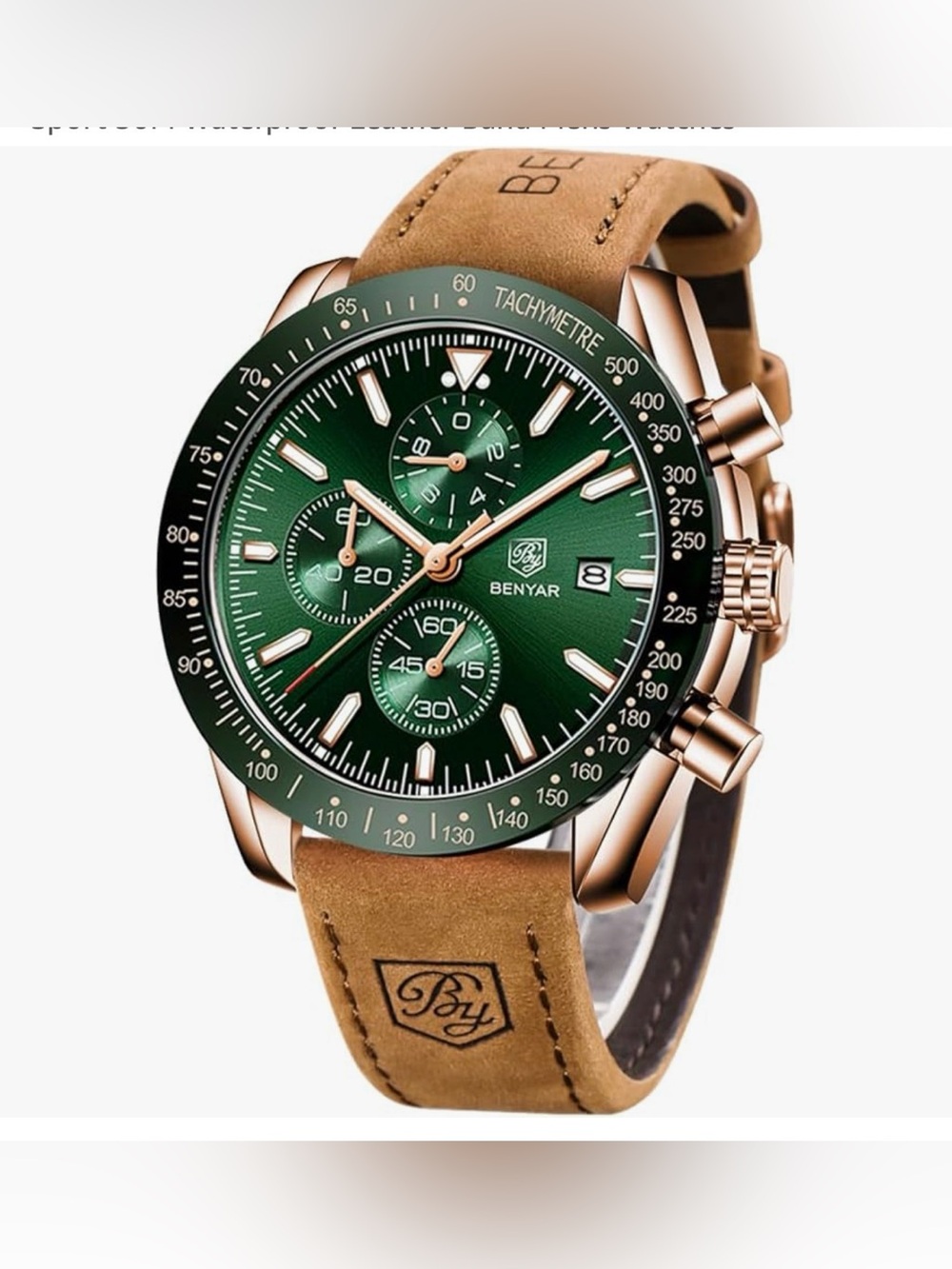 Men's Green Dial Chronograph Watch with Tan Leather Strap